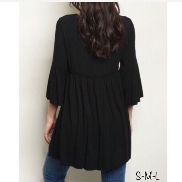Black 3/4 Sleeve Bell Sleeve Empire Waist Tunic S-M-L - Picture 2 of 13
